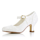 Women's Bridal Shoes Closed Toe 2.4'' Block Mid Heel Satin Pumps Wedding Shoes - florybridal