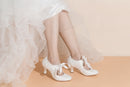 Women's Memory Foam Bridal Shoes Closed Toe 2.4'' Block Mid Heel Lace Satin Pumps Ribbon Tie Wedding Shoes - florybridal