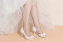 Women's Bridal Shoes Peep Toe 3.1'' Stiletto Mid Heel Lace Satin Pumps Flower Wedding Shoes - florybridal