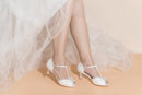 Women's Bridal Shoes Peep Toe 2.6'' Stiletto Mid Heel Lace Satin Pumps Rhinestone Sandals Wedding Shoes - florybridal