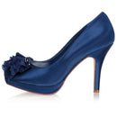 Women's Bridal Shoes Closed Toe 3.9'' Stiletto High Heel Satin Pumps Flower Platform Wedding Shoes - florybridal