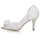 Women's Bridal Shoes Peep Toe 3.1'' Stiletto Mid Heel Lace Satin Pumps Flower Wedding Shoes - florybridal