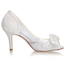 Women's Bridal Shoes Peep Toe 3.1'' Stiletto Mid Heel Lace Satin Pumps Flower Wedding Shoes - florybridal
