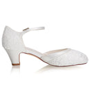 Women's Memory Foam Bridal Shoes Closed Toe 1.9'' Block Low Heel Lace Satin Pumps Wedding Shoes - florybridal