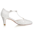 Women's Bridal Shoes Closed Toe 2.6'' Cone Mid Heel Lace Satin Pumps Wedding Shoes - florybridal