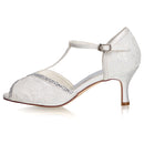 Women's Bridal Shoes Peep Toe 2.6'' Stiletto Mid Heel Lace Satin Pumps Rhinestone Sandals Wedding Shoes - florybridal