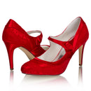 Women's Bridal Shoes Closed Toe 3.3'' Stiletto High Heel Lace Satin Pumps Wedding Shoes - florybridal