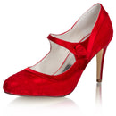 Women's Bridal Shoes Closed Toe 3.3'' Stiletto High Heel Lace Satin Pumps Wedding Shoes - florybridal