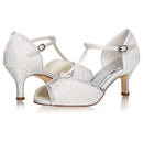 Women's Bridal Shoes Peep Toe 2.6'' Stiletto Mid Heel Lace Satin Pumps Rhinestone Sandals Wedding Shoes - florybridal