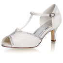 Women's Bridal Shoes Peep Toe 2.6'' Stiletto Mid Heel Lace Satin Pumps Rhinestone Sandals Wedding Shoes - florybridal