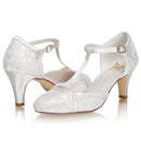 Women's Bridal Shoes Closed Toe 2.6'' Cone Mid Heel Lace Satin Pumps Wedding Shoes - florybridal