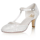 Women's Bridal Shoes Closed Toe 2.6'' Cone Mid Heel Lace Satin Pumps Wedding Shoes - florybridal
