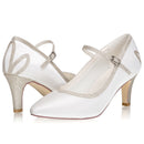 Women's Memory Foam Bridal Shoes Closed Toe 2.7'' Stiletto Mid Heel Satin Pumps Wedding Shoes - florybridal