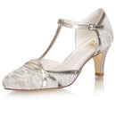 Women's Bridal Shoes Closed Toe 2.6'' Cone Mid Heel Lace Satin Pumps Sparkling Wedding Shoes - florybridal