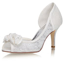 Women's Bridal Shoes Peep Toe 3.1'' Stiletto Mid Heel Lace Satin Pumps Flower Wedding Shoes - florybridal