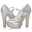 Women's Bridal Shoes Closed Toe 4.7'' Block High Heel Satin Pumps Sparkling Platform Wedding Shoes - florybridal
