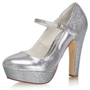 Women's Bridal Shoes Closed Toe 4.7'' Block High Heel Satin Pumps Sparkling Platform Wedding Shoes - florybridal