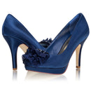 Women's Bridal Shoes Closed Toe 3.9'' Stiletto High Heel Satin Pumps Flower Platform Wedding Shoes - florybridal