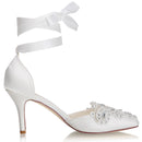 Women's Bridal Shoes Closed Toe 3.14'' Stiletto Mid Heel Rhinestone Satin Pumps Wedding Shoes - florybridal