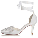 Women's Bridal Shoes Closed Toe 3.14'' Stiletto Mid Heel Rhinestone Satin Pumps Wedding Shoes - florybridal