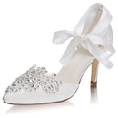 Women's Bridal Shoes Closed Toe 3.14'' Stiletto Mid Heel Rhinestone Satin Pumps Wedding Shoes - florybridal