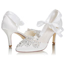 Women's Bridal Shoes Closed Toe 3.14'' Stiletto Mid Heel Rhinestone Satin Pumps Wedding Shoes - florybridal