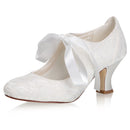 Women's Memory Foam Bridal Shoes Closed Toe 2.4'' Block Mid Heel Lace Satin Pumps Ribbon Tie Wedding Shoes - florybridal