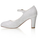 Women's Memory Foam Bridal Shoes Closed Toe 2.9'' Block Mid Heel Lace Satin Pumps Wedding Shoes - florybridal