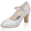 Women's Memory Foam Bridal Shoes Closed Toe 2.9'' Block Mid Heel Lace Satin Pumps Wedding Shoes - florybridal