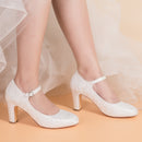 Women's Memory Foam Bridal Shoes Closed Toe 2.9'' Block Mid Heel Lace Satin Pumps Wedding Shoes - florybridal