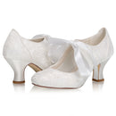 Women's Memory Foam Bridal Shoes Closed Toe 2.4'' Block Mid Heel Lace Satin Pumps Ribbon Tie Wedding Shoes - florybridal