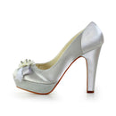 Women's Bridal Shoes Closed Toe 4.7'' Block High Heel Satin Pumps Platform Wedding Shoes - florybridal