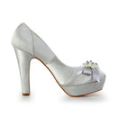 Women's Bridal Shoes Closed Toe 4.7'' Block High Heel Satin Pumps Platform Wedding Shoes - florybridal
