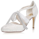 Women's Memory Foam Bridal Shoes Closed Toe 3.3'' Stiletto High Heel Lace Satin Pumps Ribbon Tie Wedding Shoes - florybridal