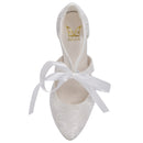 Women's Memory Foam Bridal Shoes Closed Toe 3.3'' Stiletto High Heel Lace Satin Pumps Ribbon Tie Wedding Shoes - florybridal