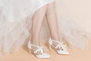 Women's Memory Foam Bridal Shoes Closed Toe 3.3'' Stiletto High Heel Lace Satin Pumps Ribbon Tie Wedding Shoes - florybridal