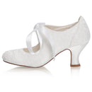 Women's Memory Foam Bridal Shoes Closed Toe 2.4'' Block Mid Heel Lace Satin Pumps Ribbon Tie Wedding Shoes - florybridal