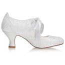 Women's Memory Foam Bridal Shoes Closed Toe 2.4'' Block Mid Heel Lace Satin Pumps Ribbon Tie Wedding Shoes - florybridal