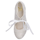 Women's Memory Foam Bridal Shoes Closed Toe 2.4'' Block Mid Heel Lace Satin Pumps Ribbon Tie Wedding Shoes - florybridal
