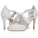 Women's Memory Foam Bridal Shoes Closed Toe 3.3'' Stiletto High Heel Lace Satin Pumps Ribbon Tie Wedding Shoes - florybridal