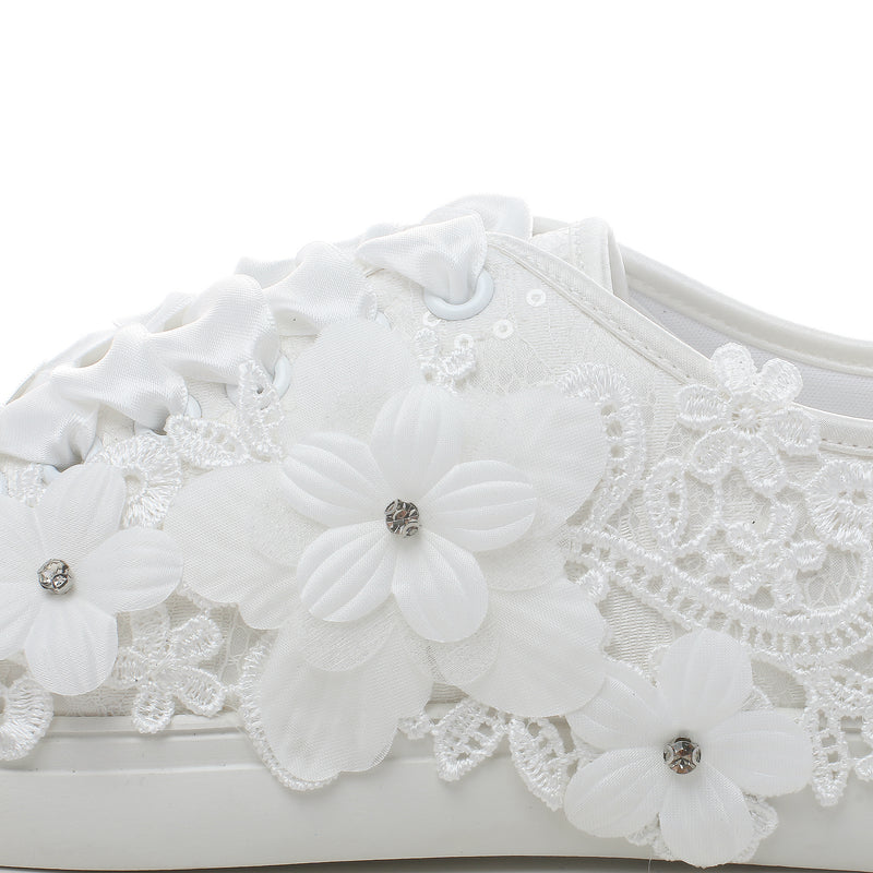 16054 Wedding Shoes Bridal Sneakers Flats Bride Tennis Shoes Flowers Lace Sneakers
