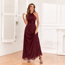 TW00073 Women Hanging Neck Sleeveless Lace A-Line Bridesmaid Dress Wedding Party Lace Gown