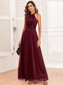 TW00073 Women Hanging Neck Sleeveless Lace A-Line Bridesmaid Dress Wedding Party Lace Gown