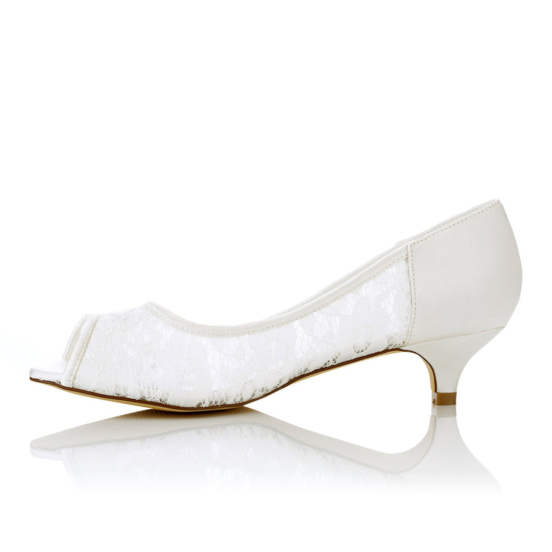 Women's Bridal Shoes 1.5" Peep Toe Low Heel Lace Satin Pumps Wedding Shoes - florybridal