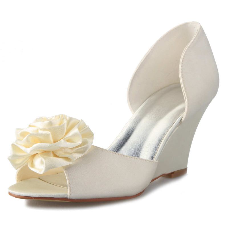 Women's Bridal Shoes Peep Toe 2.95‘’ Wedge Heel Satin Pumps Flower Wedding Shoes - florybridal