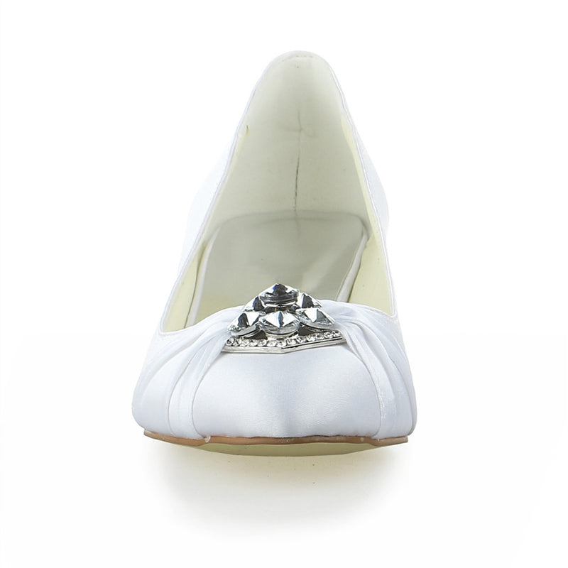 Women's Bridal Shoes Closed Toe 1.8" Low Heel Comfort Satin Pumps Crystal Wedding Shoes - florybridal