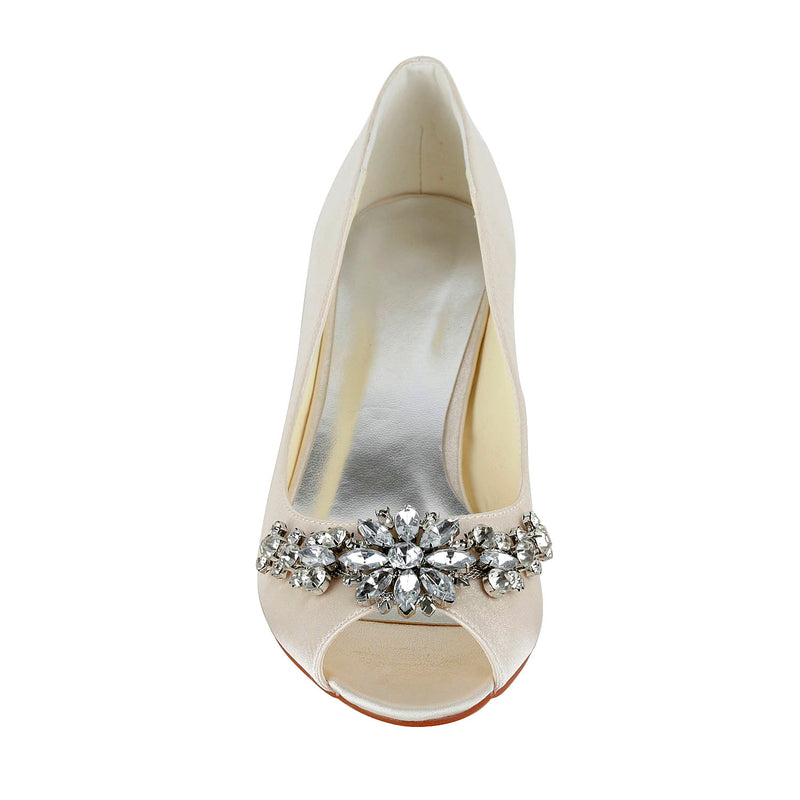 Women's Bridal Shoes Peep Toe 1.5" Low Heel Satin Pumps Rhinestone Wedding Shoes - florybridal