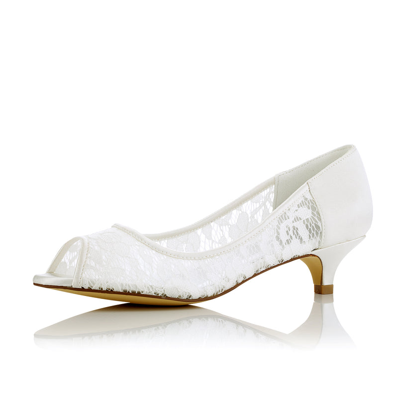 Women's Bridal Shoes 1.5" Peep Toe Low Heel Lace Satin Pumps Wedding Shoes - florybridal
