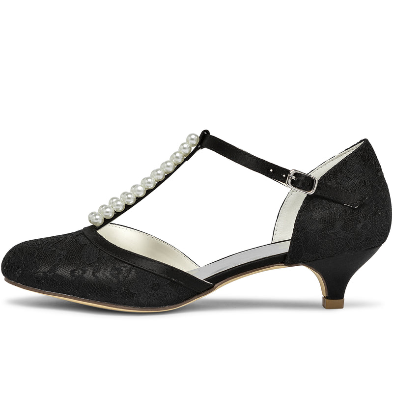 01129 Women's Bridal Shoes 1.6'' Closed Toe T-Strap Low Heel Lace Satin Pumps Imitation Wedding Shoes