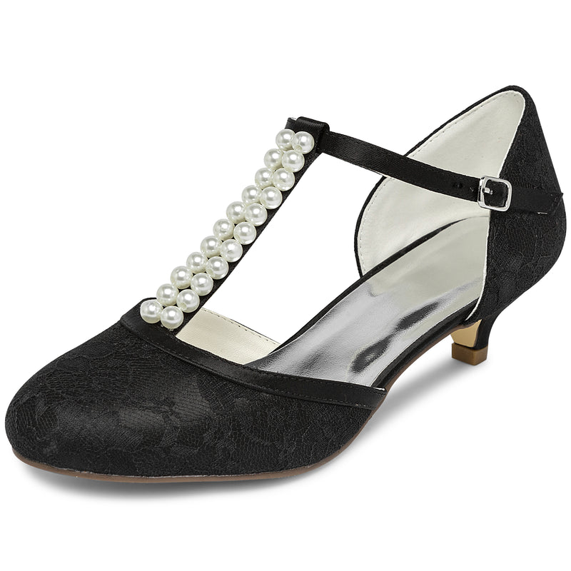 Vrouwen bruids schoenen 1.6 '' gesloten teen T-riem lage hak Lace satijnen pumps imitatie trouwschoenen